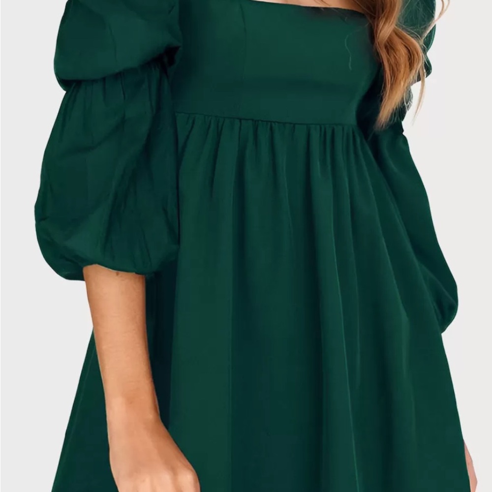 Elegant Green Puff Sleeve Women’s Dress, Fall Dress, Green